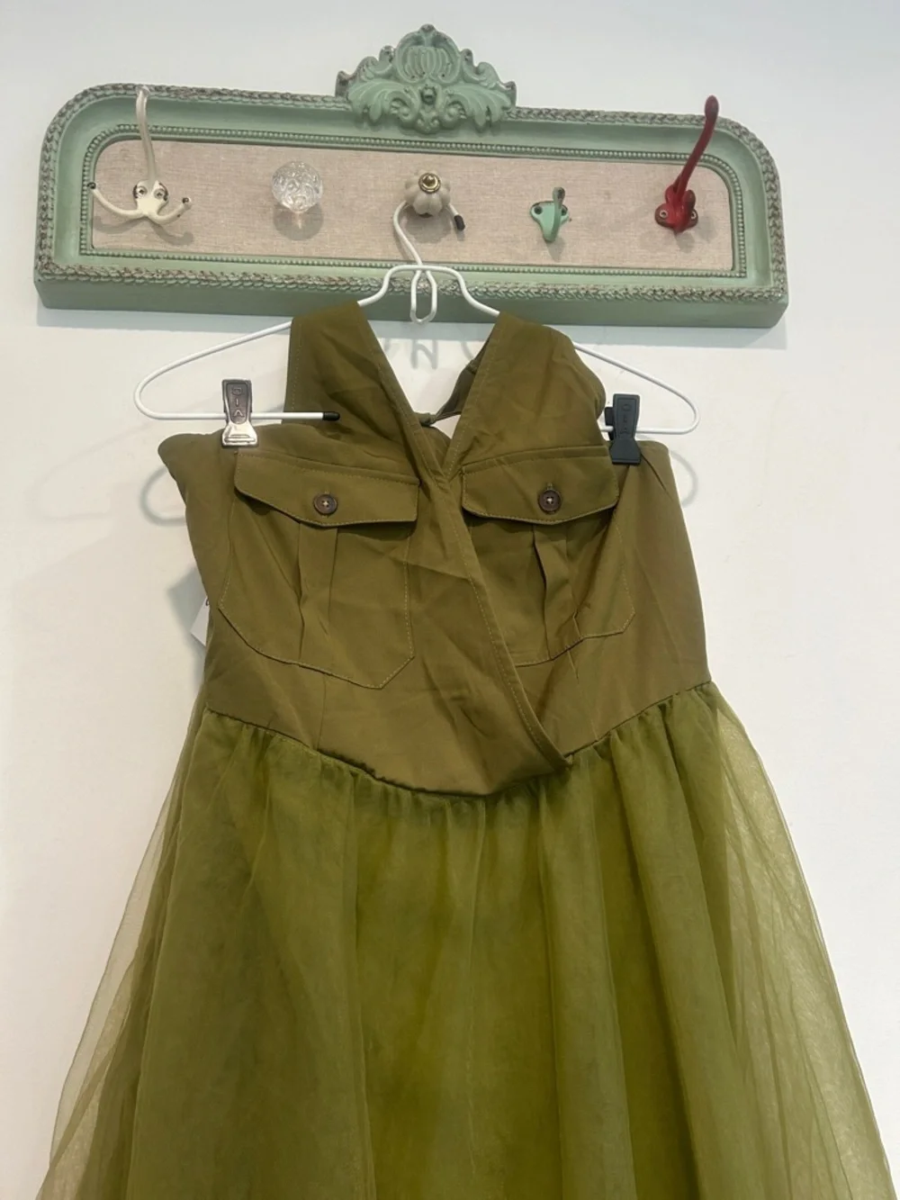 Ursime Olive Green Maxi Tulle halter cargo rocker Dress women’s medium new - Picture 2 of 10